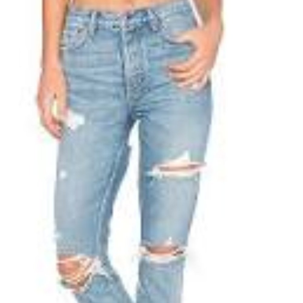 SOLD IN BUNDLE - BEBE  DISTRESSED JEANS & WHITE BODYCON SHIRT